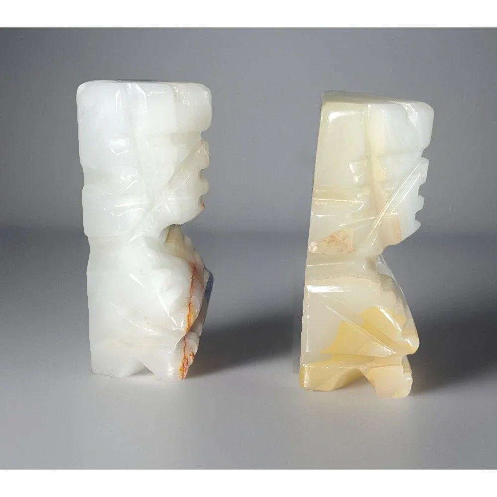 VTG Pair Carved Heavy Onyx Marble Aztec Mayan Tiki Bookends Decor 3 1/2‎ inch